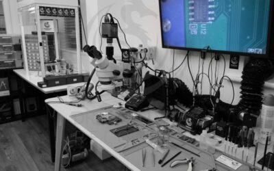 Inside the Dragon Data Recovery lab in Moreton, Wirral — microscope workstation, soldering and imaging equipment