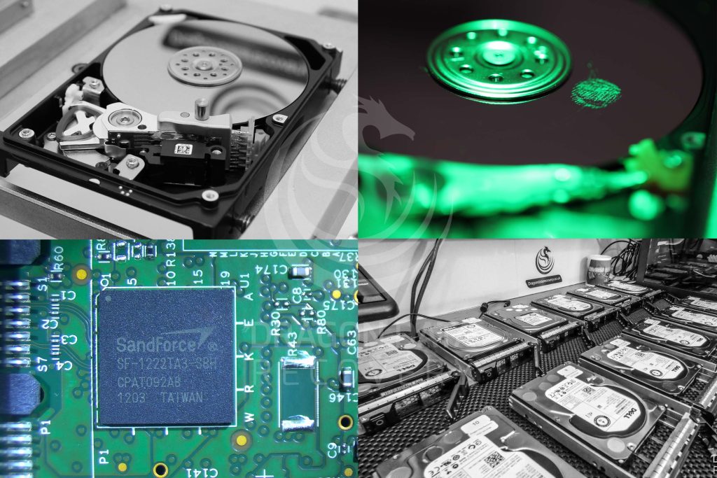 Inside the lab at Dragon Data Recovery — open hard drive, platter inspection, controller board and server drives on the bench