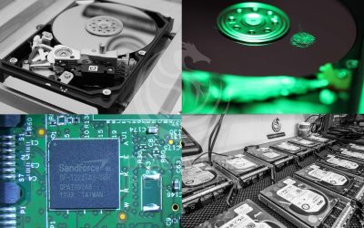Inside the lab at Dragon Data Recovery — open hard drive, platter inspection, controller board and server drives on the bench