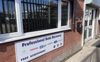 Entrance to Dragon Data Recovery at 28b Tarran Way West, Moreton, Wirral — signage and unit plaque at the lab door
